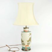 JAPANESE CERAMIC VASE CONVERTED TABLE LAMP DECORATED WITH FISH.