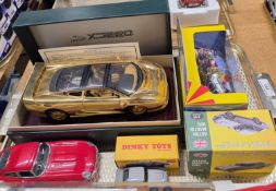 TRAY CONTAINING LIMITED EDITION GOLD PLATE JAGUAR XJ220 MODEL IN BOX, JAGUAR E-TYPE MODEL, TRIUMPH