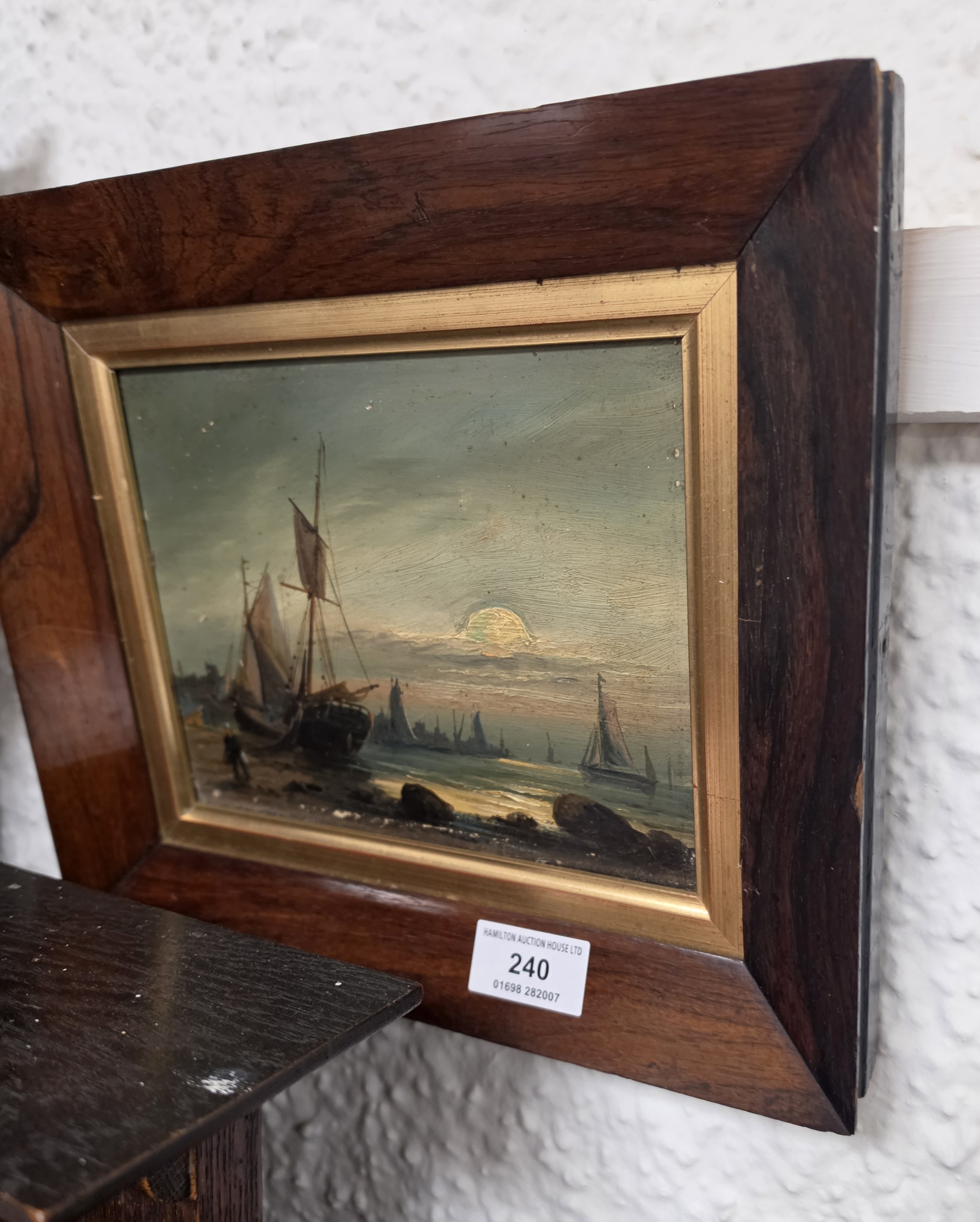 Barge Loading Platform ROSEWOOD FRAMED OIL ON BOARD SHIP BY TWILIGHT SCENE