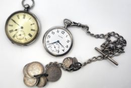 A silver Hunter fob watch (back missing), and a silver half-hunter with silver fob chain.