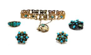 A 9ct yellow gold Celtic design bracelet set with turquoise and a safety chain 9.6gms, a yellow-