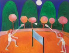 The Badminton Game by Richard Conway-Jones; an acrylic on canvas. 81 x 102cm.