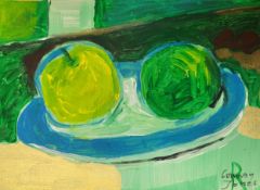 Two Apples by Richard Conway-Jones; acrylic on canvas. 26 x 37cm.