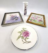 Hand- painted by Sue Hermsen including two ceramic plaques, a plate and a vase. (4)