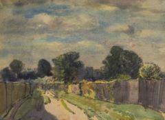 Francis Dodd (1874-1949) A summer pathway with gate, signed, watercolour, 21.5 x 29.5cm