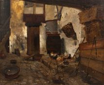 Édouard-Jacques Dufeu (1836-1900) A barn interior with nesting chickens, signed, oil on canvas, 58.5