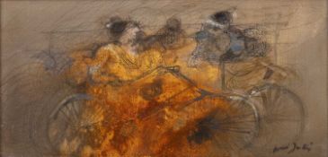 Olli Joki (b.1943) 'Les Bicyclettes', signed, inscribed verso, oil on canvas, 14 x 29cm; and another