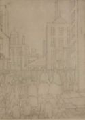 Laurence Stephen Lowry (1887-1976) Outside the Mill, monochrome print with F.A.T.G blind stamp, 33.5