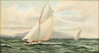 T. Brown A schooner at sea, signed, oil on canvas, 23.5 x 44cm