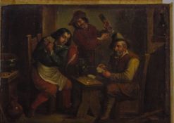 After David Teniers Tavern scene, overpainted print on metal, 17.5 x 24cm