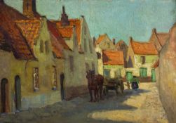 C. E. Schuster (20th century) Mother and child with a horse drawn cart in a Continental street,