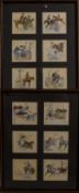 English School (20th century) A set of twelve humourous hunting scenes, watercolour on silk,