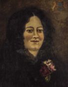 French School (late 19th century) Portrait of a lady with posy of flowers, an armorial to the