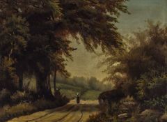 German School (19th century) Figure on a wooded track, indistinctly signed, oil on canvas, 46.5 x