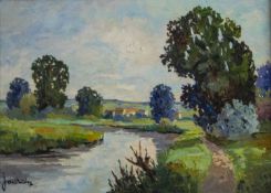 André Jourcin (1905-1974) River landscape with distant hamlet, signed, oil on canvas, 22.5 x 31.5cm