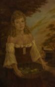L. R. (20th century) A country girl with wicker basket of apples, signed with initials, oil on