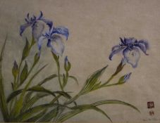 Joan B. Ticer (20th century) Irises, signed in pencil and with stamped Chinese seal marks, pencil