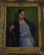 20th Century School Portrait of a lady seated in a chair, inscribed 'H.Byers' to stretcher verso,