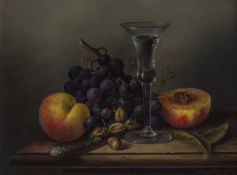 Brian Davies (1942-2014) Still life - peaches, grapes, hazelnuts and a filled wine glass, signed,