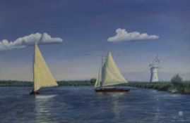 C * E * (20th century) A river landscape with yachts and windmill, signed with monogram, oil on