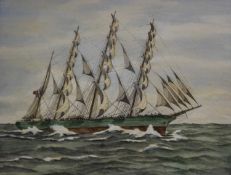 John Nice (20th century) Four-Masted Barque in full sail, signed, watercolour, 30 x 40cm, and a