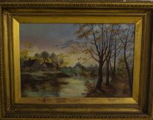 N. Johnson (19th century) River landscape with cottages and figures in a boat, signed, oil on