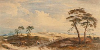 Circle of John Varley (1778-1842) Landscape with figures and cattle, traces of old signature and