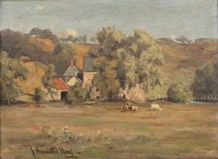 James Hermiston Haig (1885 - 1919) Landscape with farm buildings & grazing cattle, signed, oil on