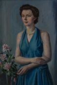 British School (20th century) Portrait of a lady with roses, signed with a monogram and dated