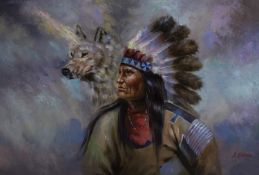 A. Norman (20th century) A North American Tribal Chief with Wolf, signed, oil on canvas, 60 x 90cm