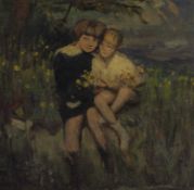 English School (20th century) Two children gathering wildflowers, bears initals W.N., oil on
