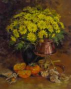 Maureen Jordan (b.1941) Copper Fondue Pot and Fruit, signed with monogram, pastel, 42 x 34cm