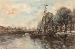 Jan Koster (1874-1956) River landscape with moored sailing vessels, signed with monogram,