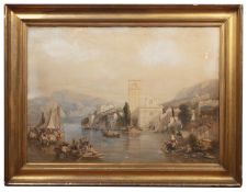 James T. Herve d'Egville (c.1806-1880) A Continental lake with figures and boats, signed and dated