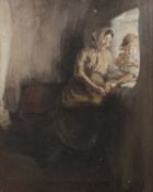Continental School (19th century) A mother with infant seated at a window, oil on canvas, 67 x 54.