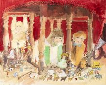 Nina Carroll (1932-1990) Children playing with toys beneath a table, signed and dated 1975, ink