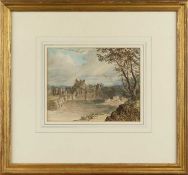 English School (19th century) River gorge with distant castle ruins, watercolour, 15 x 19cm, and