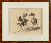 Pierre Olivier Dubaut (1886-1968) A polo match, signed, pen, ink and grey wash, 20 x 26cm