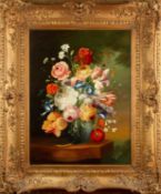 Continental School (20th century) Still life - vase of mixed flowers on a ledge, indistinctly