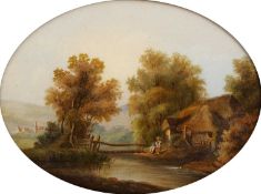 English School (19th century) River landscape with figures, reverse painting on glass (oval), 23.5 x