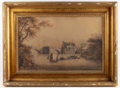 English School (18th century) River landscape with toll bridge and sailing craft; and companion,