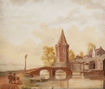 Attributed to Henri-Joseph van Blarenbergh (1750-1826) Figures approaching a river bridge with
