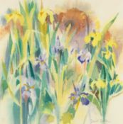 David Easton (1935-2019), Purple and Yellow Irises, 1990, watercolour, signed, mount aperture 30 x