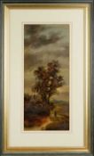 C. Morris Figures on a track by a cottage at moonlight, signed, oil on board, 44.5 x 19cm