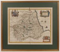 Jan Jansson Durham, engraving, hand-coloured with decorative title cartouche and Coat of Arms, 41