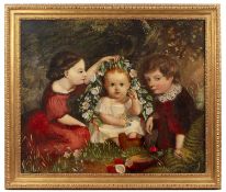 English School (19th century) Two young children adorning a baby with a garland of flowers, oil on