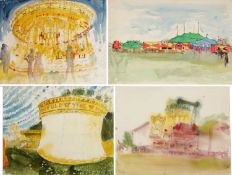 Nina Carroll (1932-1990) Fairground, with figure holding balloons, signed, ink and watercolour, 40.5