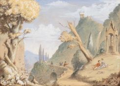 M. J. Gibbon A romantic classical landscape with country couple, signed and dated 1946,