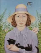Fred Aris (1932/34-1995) A lady cradling a black cat in a summer garden, signed with initial ‘A’,