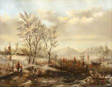 K * J * (19th century) A frozen river landscape with figures skating, signed with initials, oil on